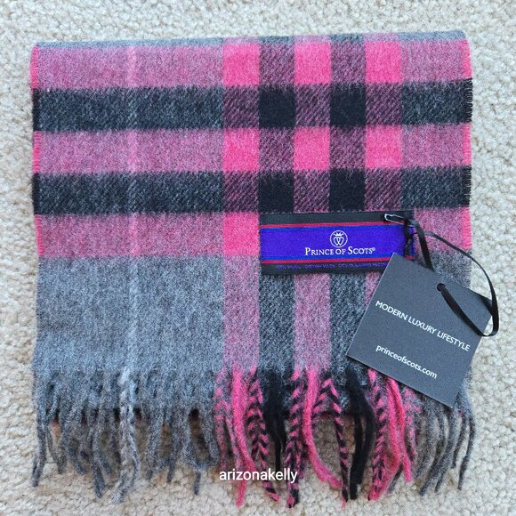 NWT Merino Wool Scarf Pink and Grey Plaid - Picture 1 of 8